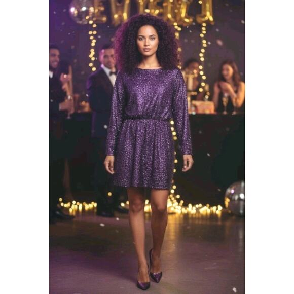 Sequins Strong Shoulder Mini Dress M Purple Holiday Party New Year Sparkle Shiny - Picture 1 of 16